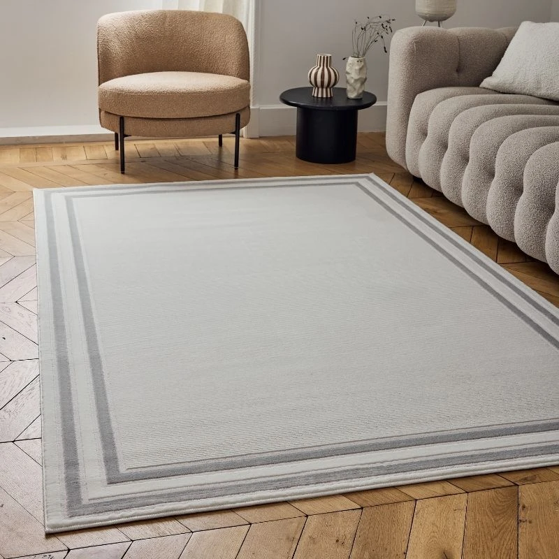 Image of THE RUGS Carmel Modern Area Rugs & Runners Bordered Design Soft Pile in Grey Size: 80cm x 300cm Grey Unisex 80cm x 300 cm