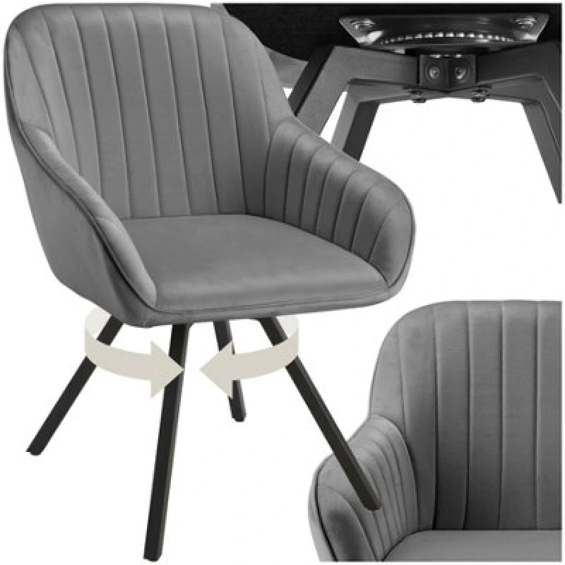 Image of Tectake 1 Lounge Armchair Living Room Accent Chair 360 Swivel Slim Steel Legs Velvet Fabric - Grey