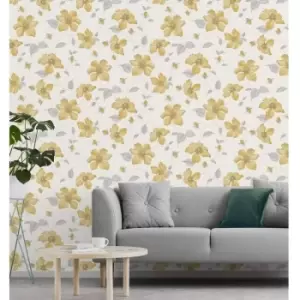 image of A44401 Magnolia Textured Wallpaper - Yellow - Grandeco