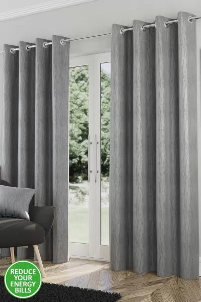 Image of Enhanced Living Goodwood Silver Thermal, Energy Saving, Dimout Eyelet Pair Of Curtains With Wave Pattern 46 X 54" (117X137Cm)