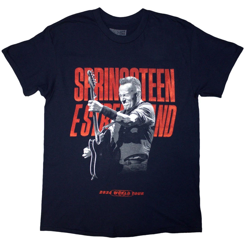 Image of Bruce Springsteen Mens Tour '24 Guitar Photo Back Print T-Shirt in Navy Size: Medium Navy Male M
