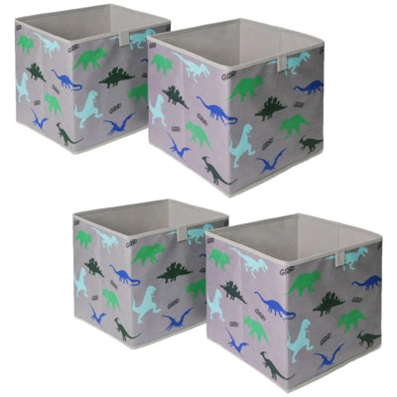 Image of OHS OHS Pack of 4 x Dinosaur Print Cube Storage Boxes in Light Grey Light Grey One Size Unisex 5027434163069