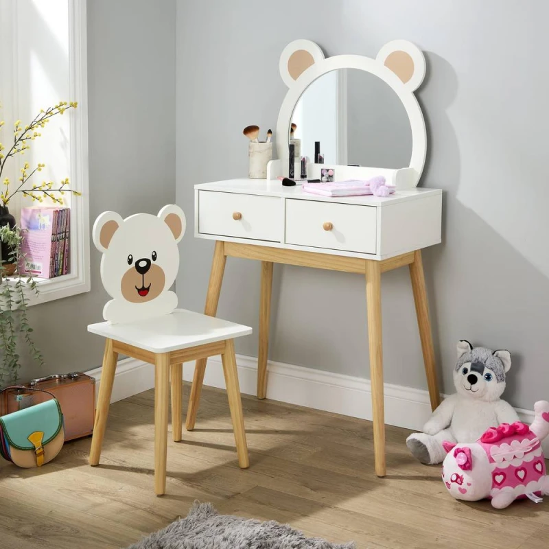 Image of Home Source Ted Kids 2 Drawer Dressing Table Set With Built-In Mirror & Stool Multicolor Unisex