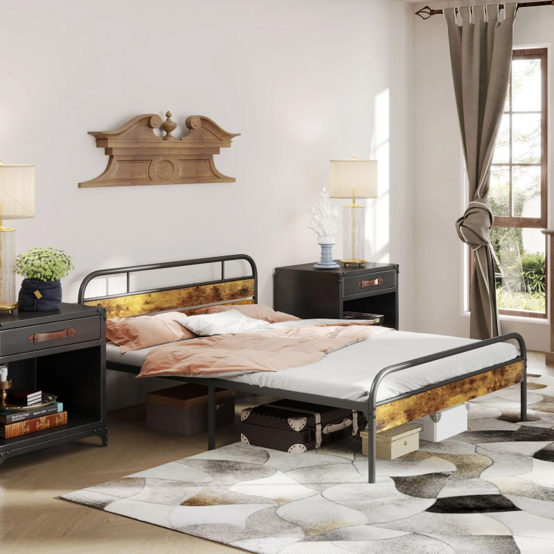 Image of HOMCOM Double Bed Frame with Headboard, No Box Spring Needed, Rustic Brown, Brown 831-869V01RB