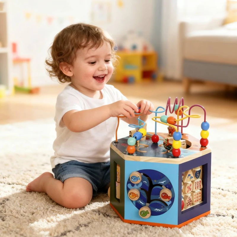 Image of AIYAPLAY Wooden Activity Cube for Toddlers 18+ Months with Bead Maze Multicolor Unisex