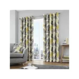 Fusion Tropical Leaf 100% Cotton Eyelet Lined Curtains, Ochre, 90 x 72 Inch