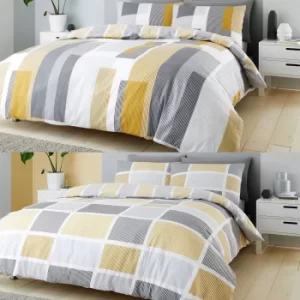 image of Catherine Lansfield Geo Blocks Duvet Cover and Pillowcase Set Twin Pack Ochre