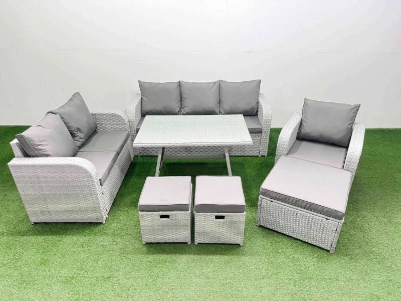 Image of Fimous Patio Dining Table & Chairs Set with Reclining Chair 3 Stool in Light Grey Light Grey Unisex
