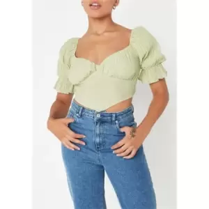 Missguided Crinkle Puff Sleeve Crop Top - Green