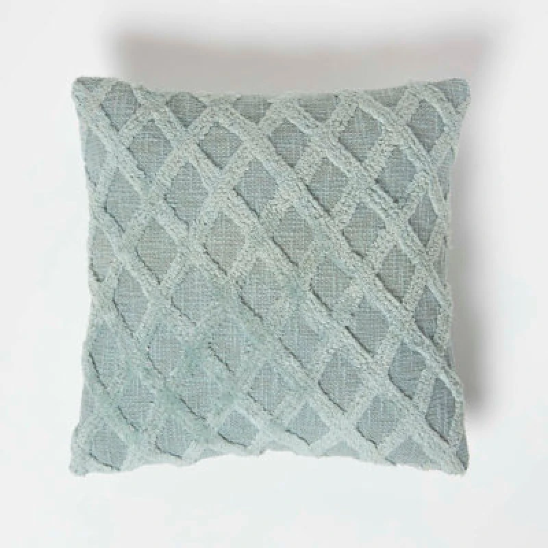 Image of Homescapes Geometric Diamond Tufted Cotton Cushion Green