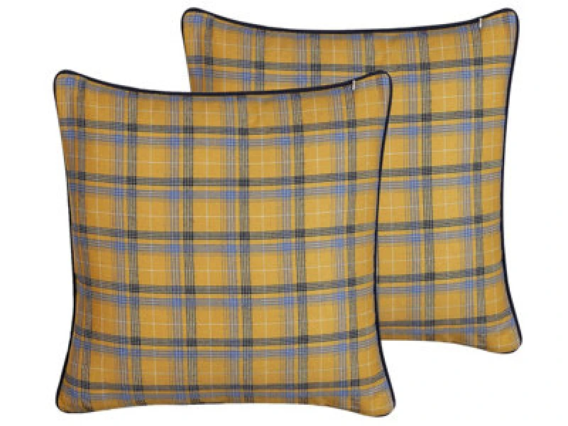Image of Beliani Set Of 2 Decorative Cushions Dicentra 45 X 45cm Yellow Checked