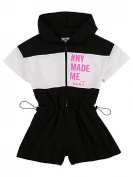 Image of DKNY Girls Slogan Hooded Playsuit - Black, Size 10 Years, Women