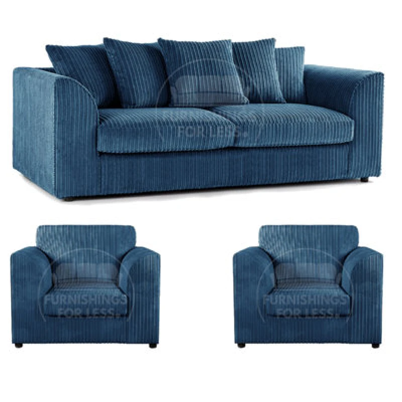 Image of Furnishings For Less UK Luxor Jumbo Cord 3 + 1 + 1 Fabric 3 Piece Sofa Suite - Scatter Back Marine Blue