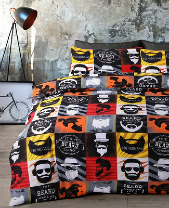 Image of Velosso Colourful Beard Print Duvet Cover & Pillowcase Set, Funky Style Bed Linen, Button Enclosure, Machine Washable - Multicolour