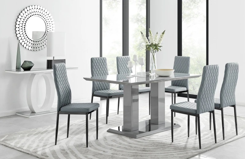 Image of FurnitureboxUK FurnitureboxUK Imperia 6 Grey Dining Table and 6 Milan Black Leg Chairs Grey One Size Unisex 5056542641558