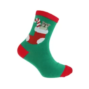 image of FLOSO Childrens/Kids Christmas Socks (4-6 UK Child) (Green Bear)