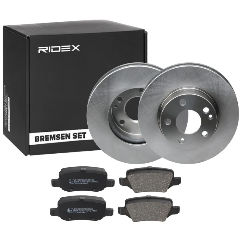 Image of RIDEX 3405B1519 Brake disc and pads set Rear Axle, Brake Disc Type: Vented, not prepared for wear warning indicator Brake Set,disc brakes (3405)