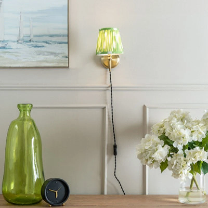 Image of ValueLights ValueLights Plug In Antique Brass Wall Light with Green Pleated Fabric Tapered Lampshade Green One Size Unisex 5016529265672