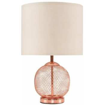 Image of Copper Mesh Ball Touch Dimmer Table Lamp With Small Drum Light Shade - Beige