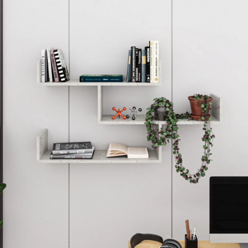 Image of DECORTIE Tibet Wall Mounted Modern Bookcase Display Unit w 119cm Wide - Gold Marble Effect - Lagina - Decortie M.KT.01.11043.5