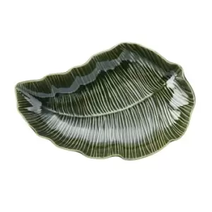 image of Jardin Leaf-Shaped Stoneware Serving Dish, 31.5cm, Green