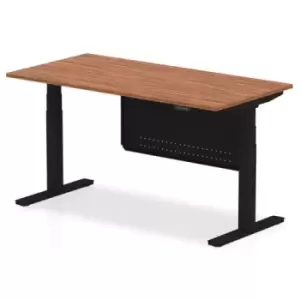 image of Air 1600 x 800mm Height Adjustable Desk Walnut Top Black Leg With Black Steel Modesty Panel