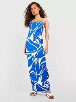 Image of Boohoo Abstract Print Strappy Maxi Dress - Blue Size 10, Women