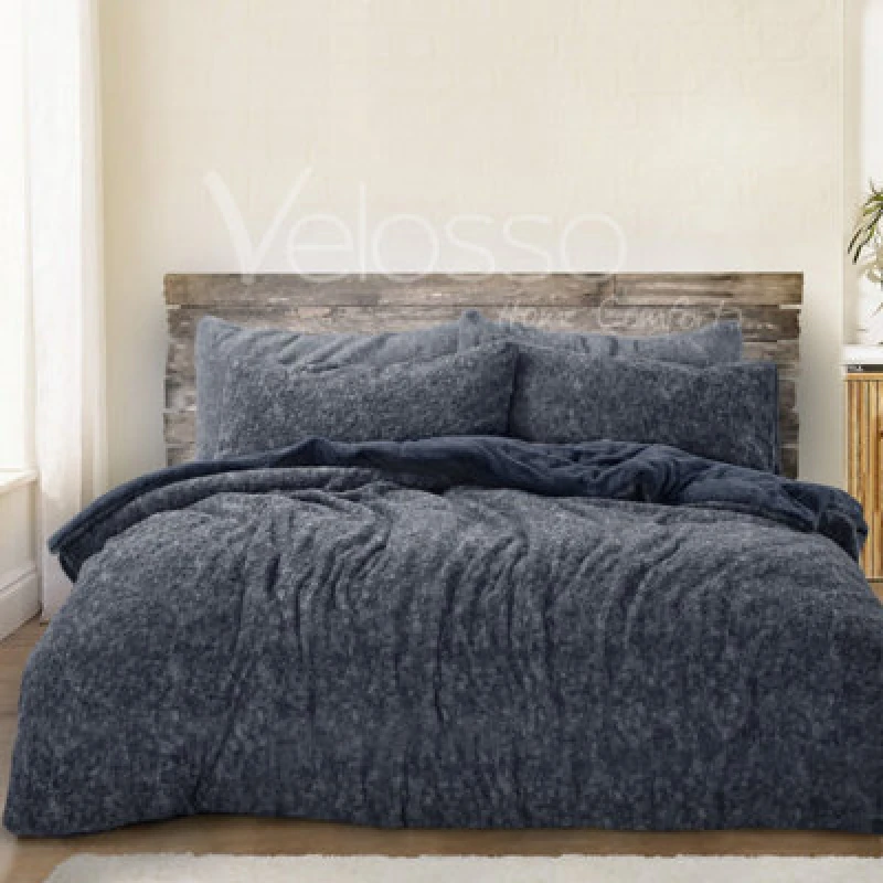 Image of Velosso Teddy Fleece Duvet Cover & Pillowcase Set, Luxurious Look & Warm Bedding, Machine Washable Bedroom Decor - Navy