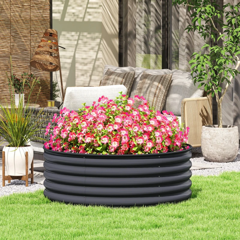 Image of Outsunny Outsunny Metal Garden Bed with Gloves, 120 x 120 x 43cm, Dark Grey Mid Grey