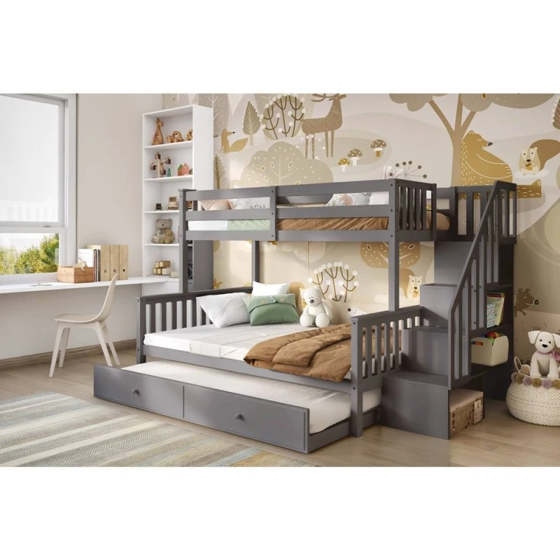 Image of Flair Tag Triple Staircase Bunk Bed with Trundle in Grey Size: Double Grey Unisex Double
