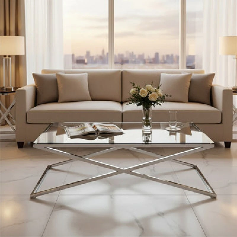 Image of Orsina Glass Coffee Table With Metal Criss Cross Design, Glass Top Coffee Table, Silver Coffee Table For Living Room