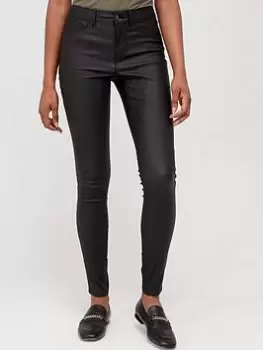 image of PIECES Shape-up Skinny Mid Waisted Coated Leggings - Black, Size L, Women