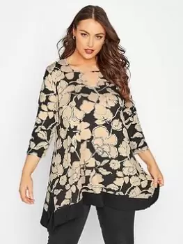Image of Yours Notch Neck Hanky Hem Tee Big Floral Back, Black, Size 26-28, Women