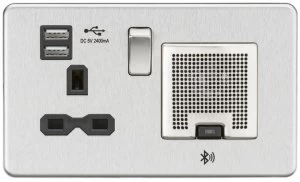Image of Screwless 13A socket, USB chargers (2.4A) and Bluetooth Speaker - Brushed chrome with Black insert
