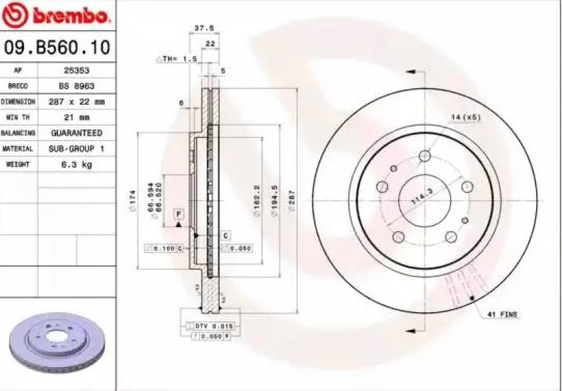 Image of BREMBO 09.B560.10 Brake disc PRIME LINE internally vented Brake Disc (82)