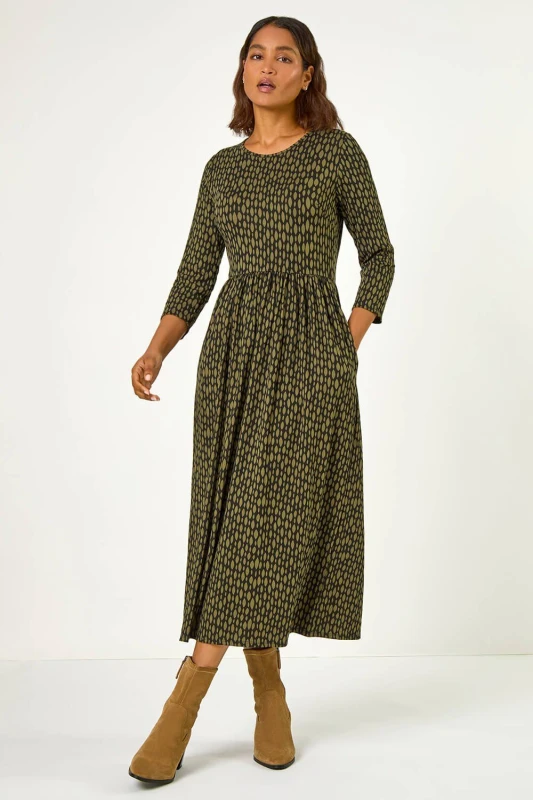 Image of Roman Womens Geometric Pocket Stretch Midi Dress in Khaki Size: 16 Khaki Female 16