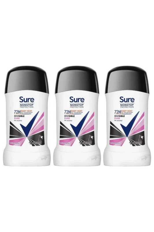 Image of Sure Women Invisible Pure 'Antiperspirant' Stick 72H Protection, 3x50ml White female