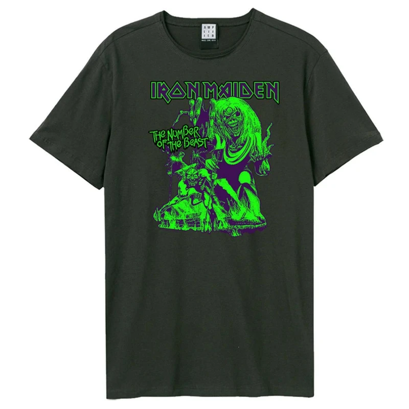 Image of Amplified Amplified Men Neon Beast Iron Maiden T-Shirt in Charcoal Size: Small Charcoal S Male 5063470006700