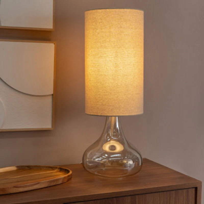 Image of ValueLights ValueLights Sylvie Natural Linen Tall Lamp Shade Amber Glass Squat Table Lamp with LED Bulb in Off White Off White One Size Unisex 5059406