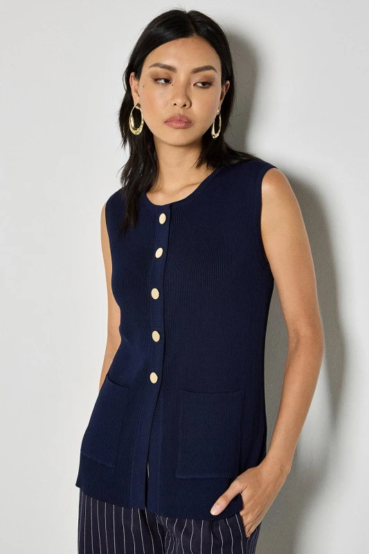 Image of Apricot Womens Ribbed Knit Waistcoat in Navy Size: 10 Navy Female 10