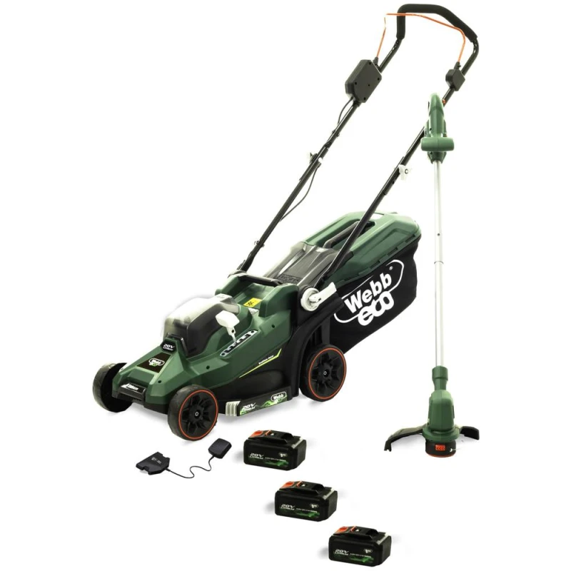 Image of Webb Eco 20v Cordless Lawnmower and Grass Trimmer Garden Power Tool Kit 3 x 4ah Li-ion Battery Charger WEV20LM33LT25B43