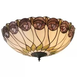 image of Tiffany Glass Semi Flush Ceiling Light Rose & Cream Inverted Round Shade i00048