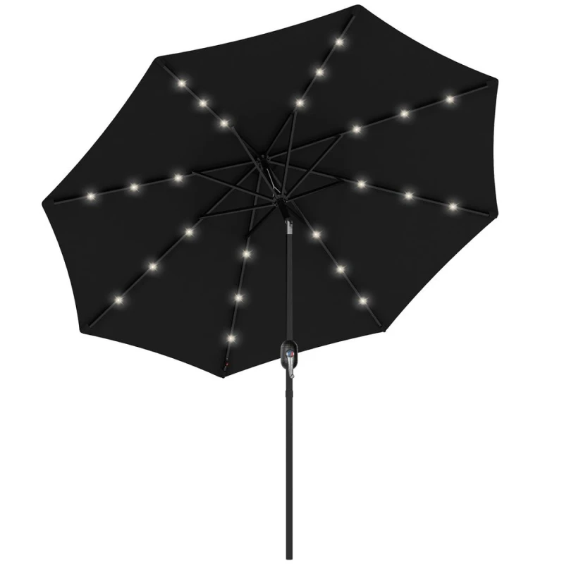 Image of Outsunny 2.7m Patio Garden Umbrella Outdoor Parasol with Tilt Crank and 24 LEDs Lights Black - Outsunny 84D-018V00BK