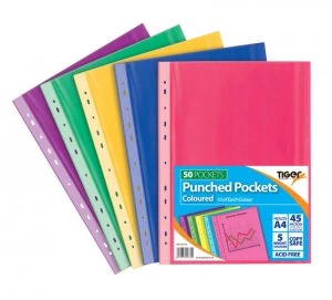 image of Tiger A4 Coloured Punched Pockets PK50