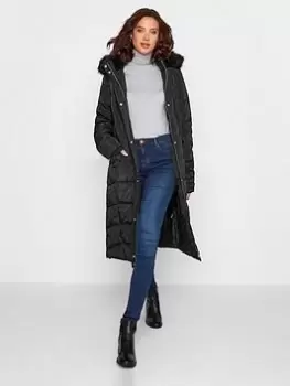 image of Long Tall Sally Fur Trim Panelled Padded Coat - Black, Size 16, Women