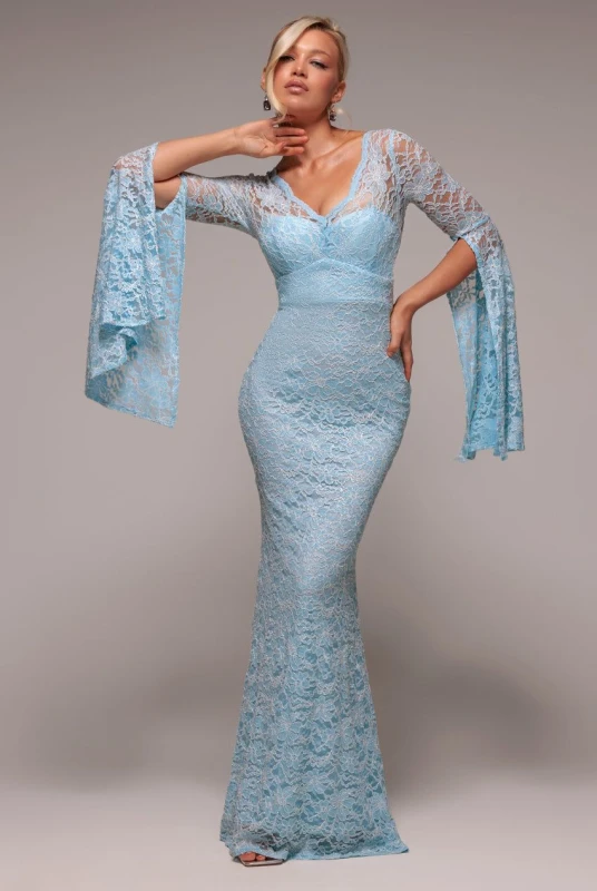 Image of Goddiva Womens Cape Sleeve Lace Mermaid Hem Maxi Dress in Light Blue Size: 10 Light Blue Female 10