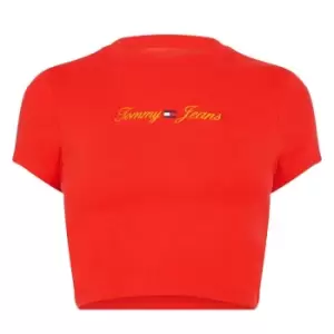 Image of Tommy Jeans Acid Wash Linear Logo T Shirt - Red