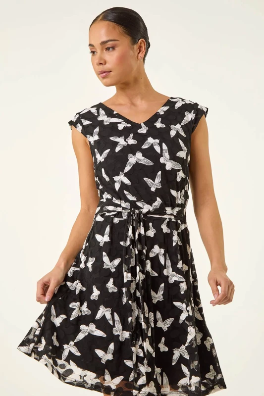 Image of Roman Womens Petite Butterfly Tie Waist Dress in Black Size: 14 Black Female 14