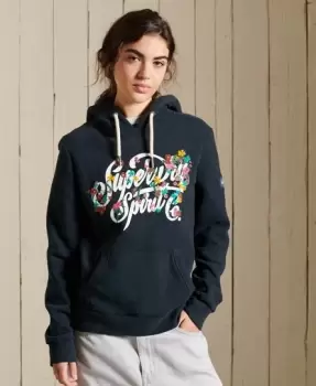 Image of Superdry Womens Script Style Floral Hoodie Navy / Eclipse Navy - Size: 12