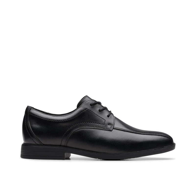 Image of Clarks Jonwin Loop Youth Black Leather Lace Up, School Shoes Size: 5-Standard Fit Black Unisex 5-Standard Fit